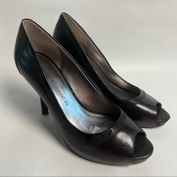 Marc Fisher Black Leather Peep Toe Heels Size 7 M bin 2V - Picture 1 of 4